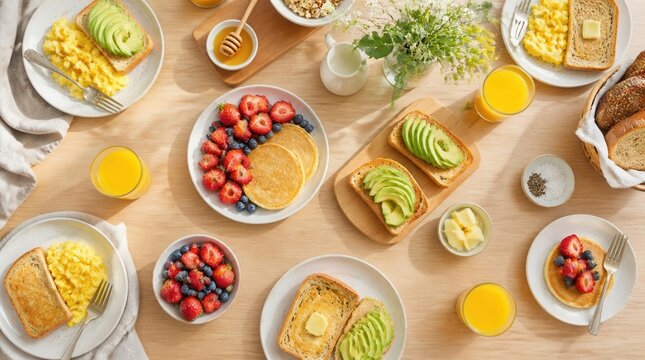 Healthy Breakfast Spread: A vibrant overhead view showcases a delicious and nutritious breakfast table laden with fluffy pancakes, fresh fruit, scrambled eggs, avocado toast, and juice.