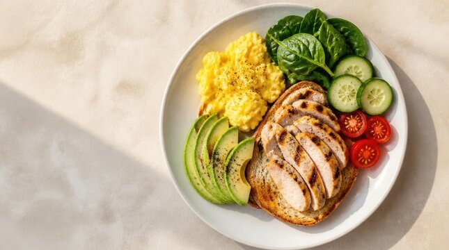Healthy Grilled Chicken Salad Bowl: A vibrant and nutritious salad bowl featuring perfectly grilled chicken breast slices, creamy avocado, scrambled eggs, fresh spinach, cherry tomatoes.