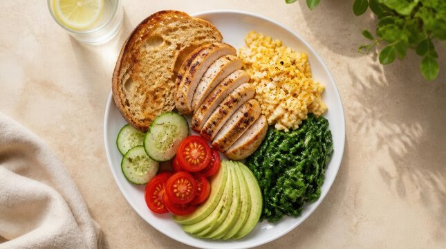 Healthy Breakfast Bowl: A vibrant and nourishing breakfast bowl featuring grilled chicken breast, scrambled eggs, avocado slices, fresh spinach, sliced tomatoes and cucumber.