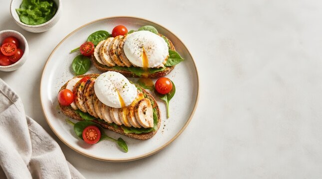 Chicken and Poached Egg Toast: A delicious and healthy breakfast featuring slices of grilled chicken and a perfectly poached egg served atop whole-grain toast.