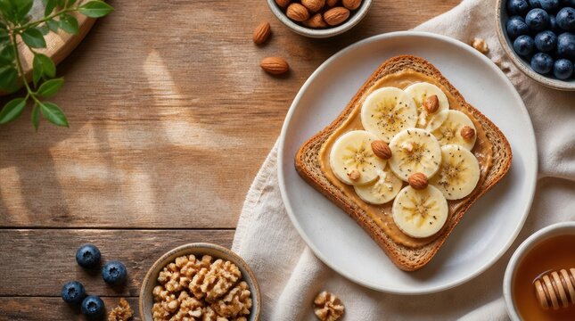 Perfectly Toasted Treat: A delectable slice of toast topped with creamy peanut butter, fresh banana slices, and a sprinkle of almonds and nuts.