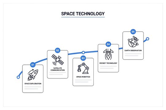 Space technology infographic with rocket satellite and robotic arm icons