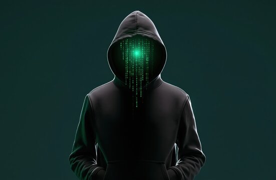 Hacker in a dark hoodie with a digital face made of green cyber binary code data