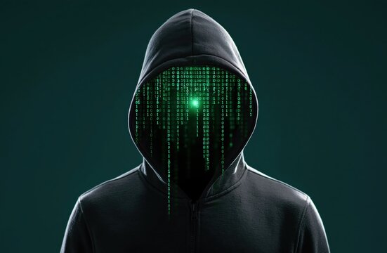 Hacker in a hoodie with digital matrix binary code for cyber security technology