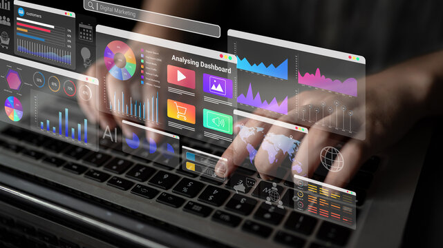 Colorful data dashboards with graphs, charts, and marketing metrics representing online campaign performance and business intelligence Parse