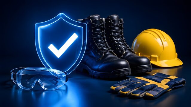 Personal protective equipment PPE with work boots hard hat and glowing blue safety shield checkmark symbol