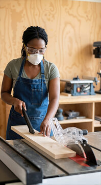 Black female woodworker in a denim apron safely guiding a pale wood plank on a table saw. Woman carpenter wearing safety glasses and a dust mask in a workshop. Vertical photo