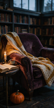 Cozy autumn interior with purple velvet armchair and knit blanket. Open book, lit candle, and tea on a small table next to a pumpkin. Warm fall reading nook