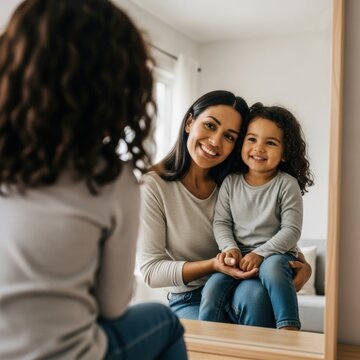 Mother and young daughter with curly hair smile at mirror reflection in bright minimalist room; woman and child sitting together at home in casual grey shirts and jeans.