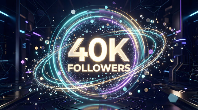 40K Followers Celebration Graphic With Futuristic Neon Rings and Social Media Milestone