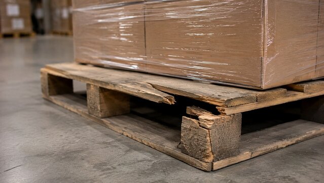Close-up of loaded warehouse pallet with visibly cracked and broken wooden boards supporting stacked boxes