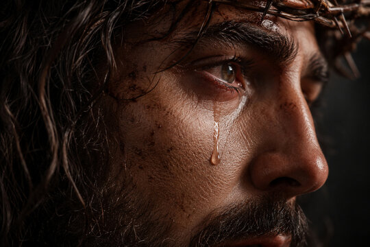Powerful emotional portrait of Jesus Christ wearing a crown of thorns with a single tear falling down his face