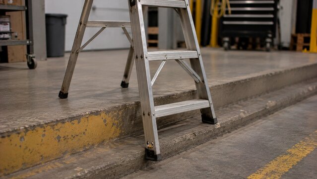 Portable ladder positioned unsafely on uneven workplace floor with one foot partially unsupported, realistic fall prevention and ladder safety violation