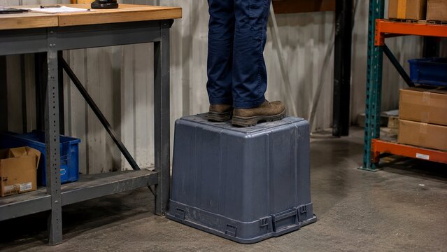 Worker&rsquo;s lower legs and work boots visible standing on overturned plastic container instead of proper step ladder to reach elevated workplace area, realistic unsafe work practice