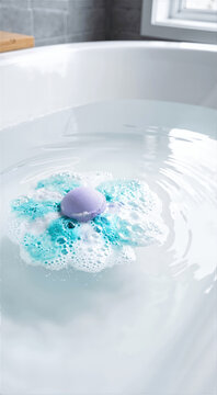 Vertical photo of lavender purple bath bomb dissolving in aqua fizz foam. Colorful bath product in clear water of a white bathtub