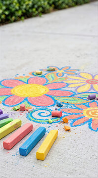 Colorful chalk drawing of flowers on a concrete sidewalk. Bright pastel chalk sticks scattered near street art. Creative outdoor activity and childhood play