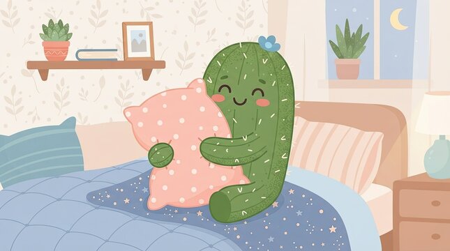 Cute cactus character hugging a pillow in bed at night