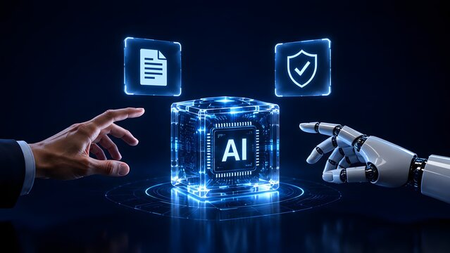 3D Futuristic Artificial Intelligence Cube With Human And Robot Hands Representing Secure Digital Automation