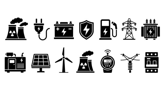 Energy and electricity industry icons set for power grid infrastructure systems