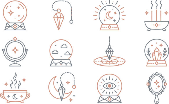 Esoteric mystical icon set with crystals and magic objects