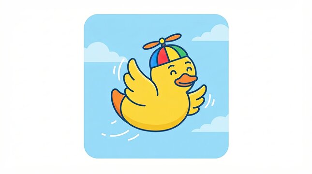 Cute cartoon duck flying in the sky with propeller hat and clouds