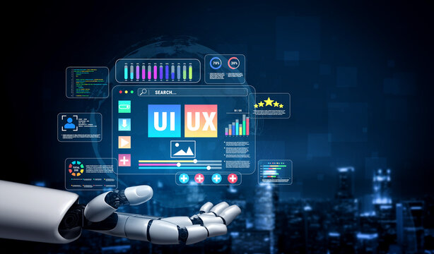 Futuristic Hand Holding User Interface Design with UI and UX Elements in Digital Display with Global Connections and Data Analytics Features Quark.