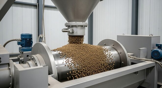 Industrial granulation drum processing feed pellets in a manufacturing facility