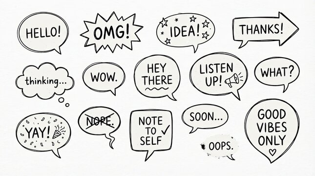 Hand drawn speech bubbles with various messages and emotions, communication concept.