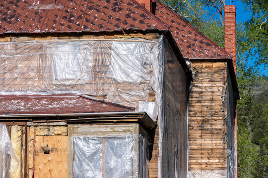 Closeup detail restoration construction of historic buildings of old Fort Yellowstone, park administrative headquarters at Mammoth Hot Springs, summer vacation exploring Yellowstone National Park
