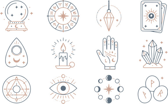 Esoteric occult icons collection with mystical astrology and spiritual symbols