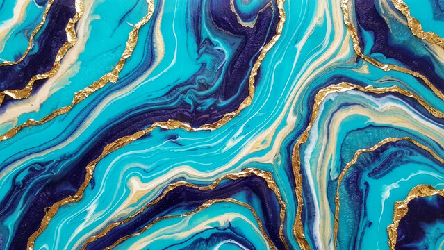 Abstract teal and deep blue fluid art background with gold foil geode texture