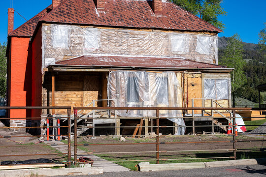 Restoration construction of historic buildings of old Fort Yellowstone, park administrative headquarters at Mammoth Hot Springs, summer vacation exploring Yellowstone National Park
