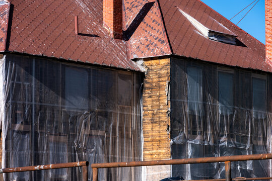 Closeup detail restoration construction of historic buildings of old Fort Yellowstone, park administrative headquarters at Mammoth Hot Springs, summer vacation exploring Yellowstone National Park
