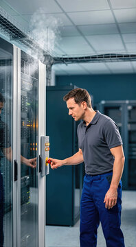 IT technician pressing emergency shut off button on smoking server rack cabinet in data center room. System failure hardware overheat and emergency power off procedures concept in server farm