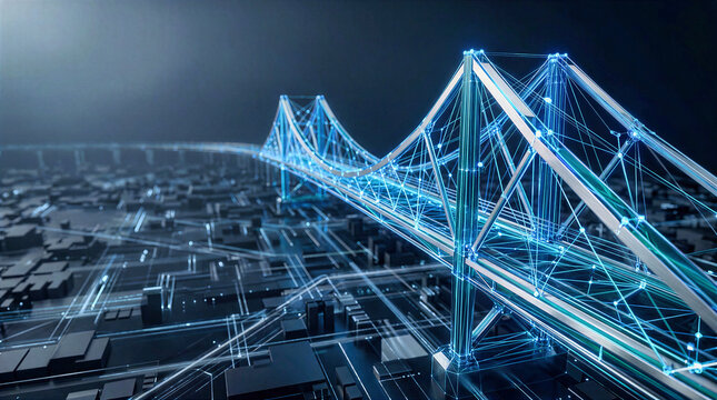 Glowing blue wireframe bridge digital network grid over futuristic city layout background. Cyber infrastructure technology concept banner with luminous connection lines and circuit board city