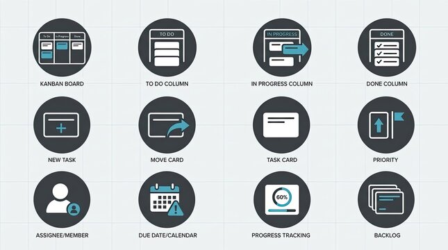 Kanban board icons for project management and task tracking efficiency.