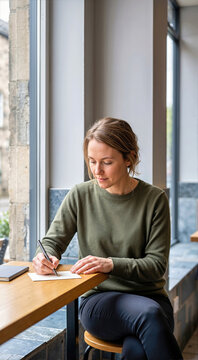 Focused young woman writing letter on white card at wooden cafe table near large window. Female wearing green sweater holding pen during personal journaling session in soft natural light, indoor