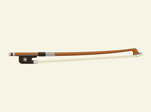 Detailed vector illustration of a professional violin bow with wood stick, ebony frog, and horsehair isolated on a plain background for musical instrument design projects.