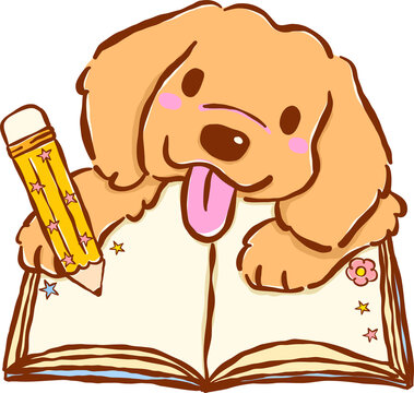 Cute Back to School Dog Golden Retriever Writing in a Notebook Cartoon Hand Drawn