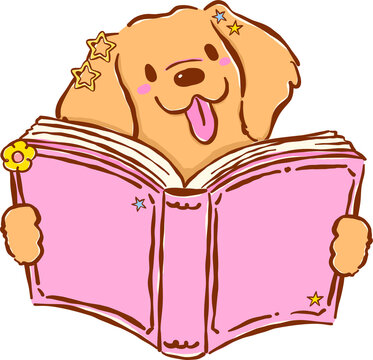 Cute Back to School Dog Golden Retriever Reading a Pink Book Cartoon Hand Drawn
