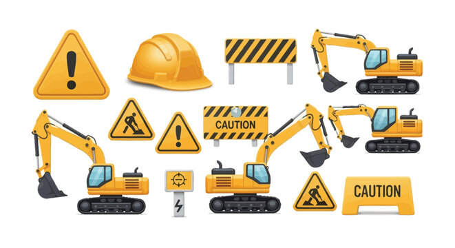 3D Construction Equipment Set with Yellow Excavators, Safety Hard Hat and Warning Signs