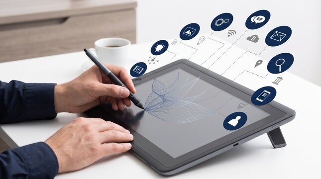 Creative professional using digital pen stylus on tablet computer designing wireframe interface, floating application icons representing connectivity and multimedia tools