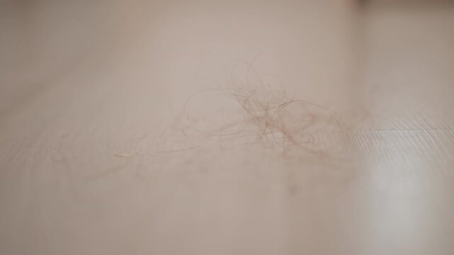 Fine dust strands and short hairs settling on smooth matte beige surface, with delicate drift, faint linear streaks, scattered specks, soft warm light, and shallow focus creating quiet textured