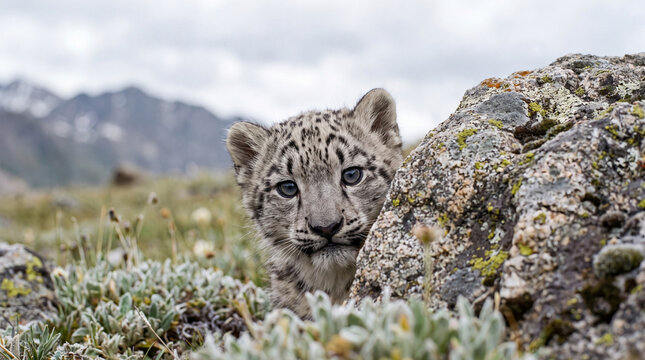 Snow leopard cub peeking from behind alpine rocks