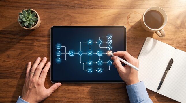 Digital workflow process diagram on tablet screen with stylus pen, flowchart icons representing steps and decisions, project management planning, business optimization strategy