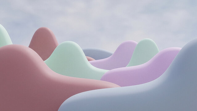 Abstract pastel 3D landscape with soft smooth rolling hills and cloudy sky