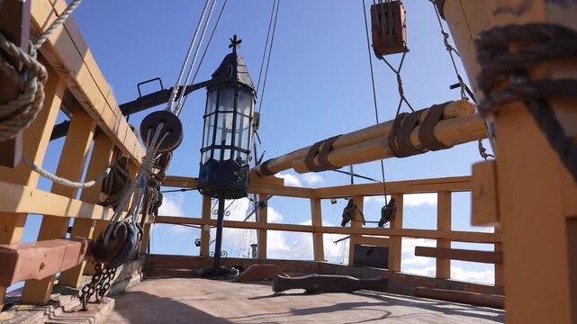 Details From Victoria Ship, Magellan Expedition Replica, Ropes on Wooden Bow Deck. Punta Arenas, Chile