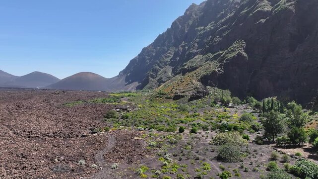 Drone Shot of Volcanic Hills, Shrubs and Lava Fields on Fogo Island, Cape Verde