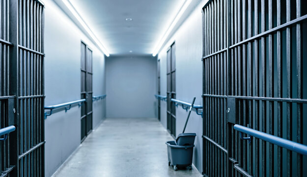 Empty prison cell block corridor with dark graphite bars. Jail hallway with cleaning mop bucket and bright LED lights