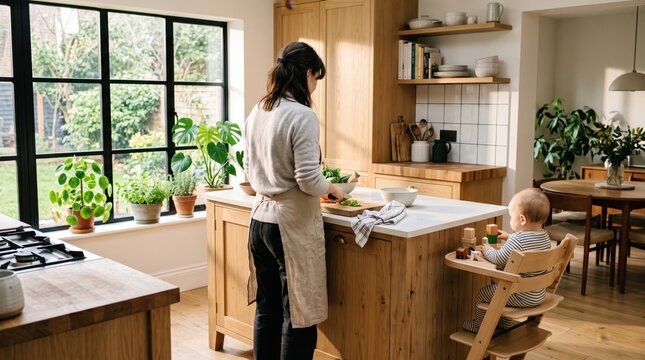 Mother preparing healthy food in bright wooden kitchen while baby sits in high chair playing with toys, modern family lifestyle, parenting at home, domestic life scene